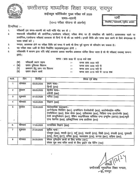 class 10th cg board time table 2025 pdf